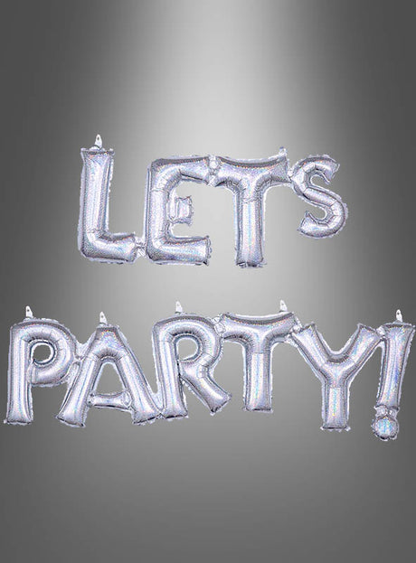 Selbstverständlich! Hier ist eine überarbeitete Version des Satzes, in die die Produktdaten integriert sind: Der Glitzer-Schriftzug „Let’s Party“-Folienballon (136 x 22 cm) zeigt den Schriftzug „LET’S PARTY!“ in schimmernden silbernen Folienbuchstaben vor einem grauen Hintergrund mit Farbverlauf und sorgt so für einen auffälligen Party-Deko-Effekt.