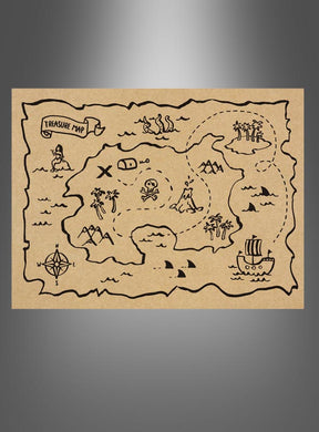 Ein 6er-Set „Platzset Schatzkarte Piratenparty Kindergeburtstag“ mit handgezeichneten Schatzkarten auf braunem Papier, auf denen Inseln, Palmen, Berge, ein Vulkan, ein Schiff, Meeresbewohner und ein gepunkteter Weg zum X abgebildet sind – ideal als Tischsets für Ihre nächste Piratenparty oder als originelle Tischdekoration.