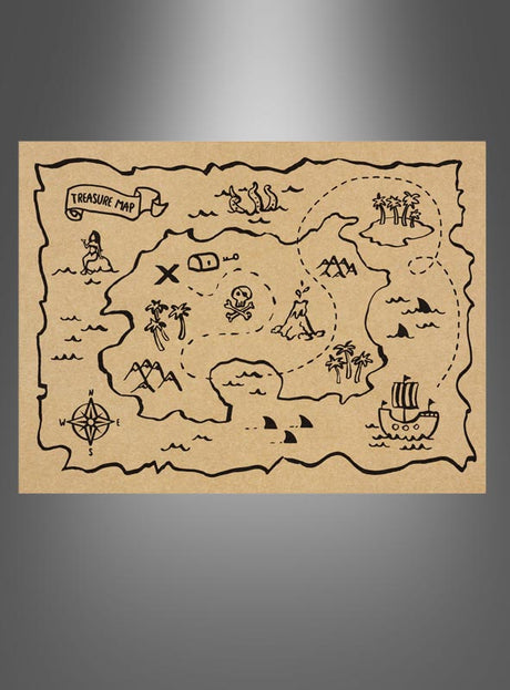 Ein 6er-Set „Platzset Schatzkarte Piratenparty Kindergeburtstag“ mit handgezeichneten Schatzkarten auf braunem Papier, auf denen Inseln, Palmen, Berge, ein Vulkan, ein Schiff, Meeresbewohner und ein gepunkteter Weg zum X abgebildet sind – ideal als Tischsets für Ihre nächste Piratenparty oder als originelle Tischdekoration.