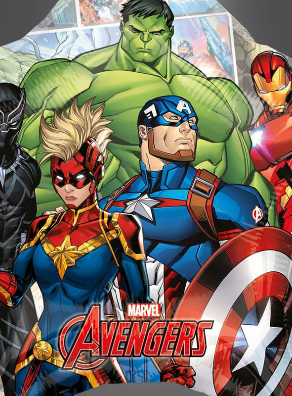 Eine Gruppe von Marvel-Avengers-Figuren – darunter Hulk, Captain Marvel, Captain America, Black Panther und Iron Man – steht gemeinsam mit dem Avengers-Logo am unteren Rand auf dem „Marvel Avengers Jumbo-Folienballon Stern“ und macht ihn so zu einem auffälligen Superhelden-Ballon als Blickfang für jede Party.