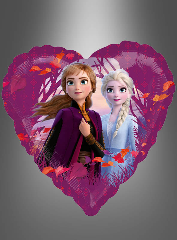 Auf einem herzförmigen Folienballon („Frozen“-Folienballon Herz, 43 cm) sind zwei Figuren aus dem Animationsfilm zu sehen – eine mit braunen Haaren und eine mit blonden Haaren –, die gemeinsam inmitten von Herbstblättern vor einem rosa-lila Hintergrund stehen.