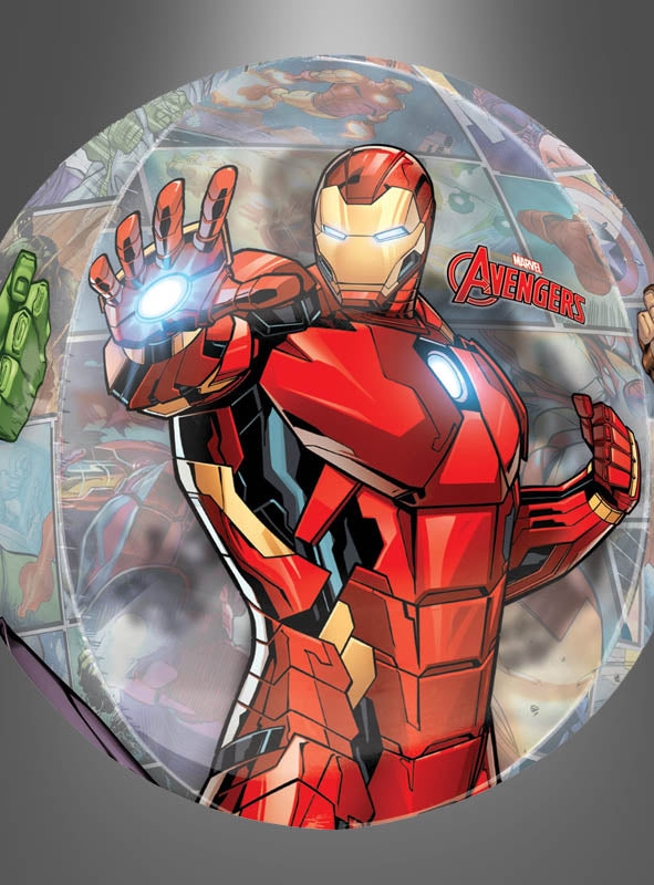 Eine dynamische Darstellung von Iron Man in seiner auffälligen roten Rüstung mit ausgestrecktem Arm, dem Avengers-Logo auf der rechten Seite und dezenten Comicszenen im Hintergrund – eine ideale Inspiration für den „Orbz Marvel Avengers Folienballon 40 cm“, einen Folienballon, der jeder Feier Superhelden-Flair verleiht.
