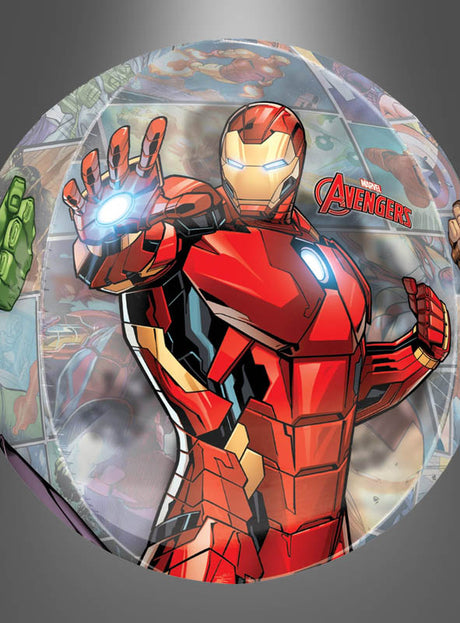 Eine dynamische Darstellung von Iron Man in seiner auffälligen roten Rüstung mit ausgestrecktem Arm, dem Avengers-Logo auf der rechten Seite und dezenten Comicszenen im Hintergrund – eine ideale Inspiration für den „Orbz Marvel Avengers Folienballon 40 cm“, einen Folienballon, der jeder Feier Superhelden-Flair verleiht.