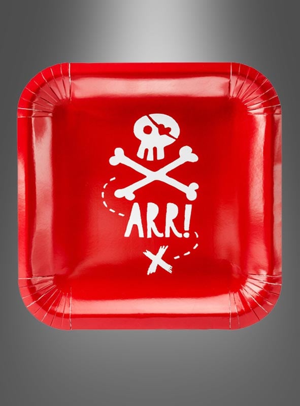 Starten Sie ins Abenteuer mit den „6 roten Papptellern Piratenparty 20 cm“ – auffällige rote quadratische Pappteller mit einem markanten weißen Totenkopf, einer gepunkteten Kartenlinie, dem Schriftzug „ARR!“ und einem X-Symbol auf grauem Hintergrund. Diese Pappteller eignen sich perfekt als Einweg-Partyteller für Piratenpartys, sorgen für Spannung bei Ihrer nächsten Piratenfeier und sind eine fantastische Piratendekoration für jede Themenparty.