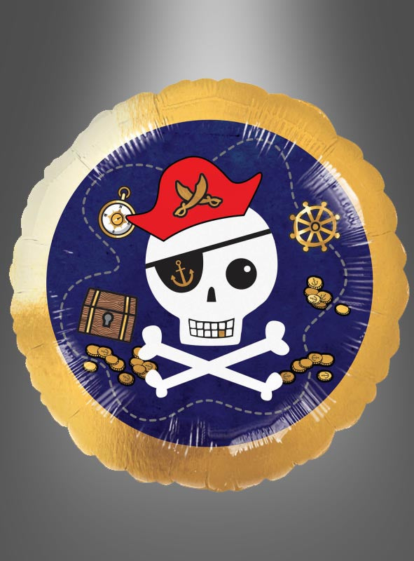 Der Folienballon „Pirat Totenkopf“ (43 cm) zeigt einen Piratentotenkopf mit gekreuzten Knochen, einem roten Hut, einer Augenklappe, einer Schatzkiste, Goldmünzen, einem Kompass und einem Steuerrad auf blauem Hintergrund mit goldenem Rand – perfekt als Dekoration für eine Piratenparty oder als Ballon für einen Kindergeburtstag.