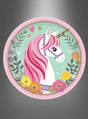 Ein Cartoon-Einhorn mit rosa Mähne und goldenem Horn ist auf den runden, pastellfarbenen „Kleinen Einhorn-Papptellern (8 Stück)“ von Blumen, Blättern und Herzen umgeben – perfekt als Einhorn-Partydeko für jeden Kindergeburtstag.