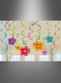 In einem sonnendurchfluteten Raum mit großen Fenstern hängen farbenfrohe, blumenförmige Dekorationen der Marke „12 x Blumen Swirls Hibiskus“ sowie verspielte Spiralfahnen von der Decke und sorgen so für die perfekte Partydekoration für jede fröhliche Feier.