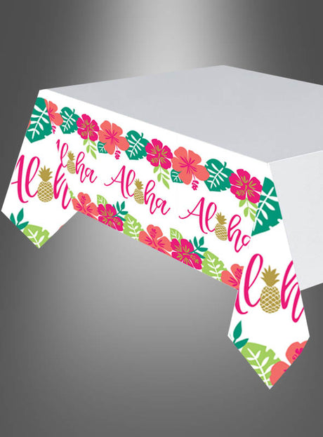 Papiertischdecke „Aloha Hawaii“ (137 x 259 cm) mit weißem Hintergrund, dem Schriftzug „Aloha“, rosa Hibiskusblüten, grünen Blättern und gelben Ananasfrüchten an den Rändern – perfekt für Ihre nächste Hawaii-Party.