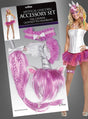 Auf der Verpackung ist das „Mystisches Einhorn“-Kostümset abgebildet, bestehend aus einem rosa-silbernen Schwanz, einem Halsband, Handschuhen und einem Einhorn-Haarreif. Ein Model ist im kompletten Kostüm zu sehen, das ein Tutu und ein Oberteil im Korsettstil enthält – ideal für jede Karnevalsveranstaltung.
