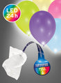 Zu sehen sind zehn farbenfrohe Luftballons, an denen jeweils ein Gerät mit der Aufschrift „10 LED-Ballonlichter mit Farbwechsel“ angebracht ist, das mit dynamischen Farbwechsel-Effekten für eine atemberaubende Ballondekoration sorgt. Das Bild zeigt außerdem eine Zuglasche und ein Etikett mit der Aufschrift „LED 24h“, das auf die lange Leuchtdauer dieser LED-Ballonlichter hinweist.