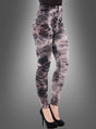 Eine Person trägt „Fetzige Zombie-Leggings“ – graue Leggings mit hoher Taille, im Used-Look und mit schwarzen Mustern –, kombiniert mit schwarzen Stöckelschuhen, und posiert vor einem schlichten grauen Hintergrund. So entsteht eine auffällige Option für ein Halloween-Kostüm oder ein ausgefallener Lagenlook für deinen Stil.