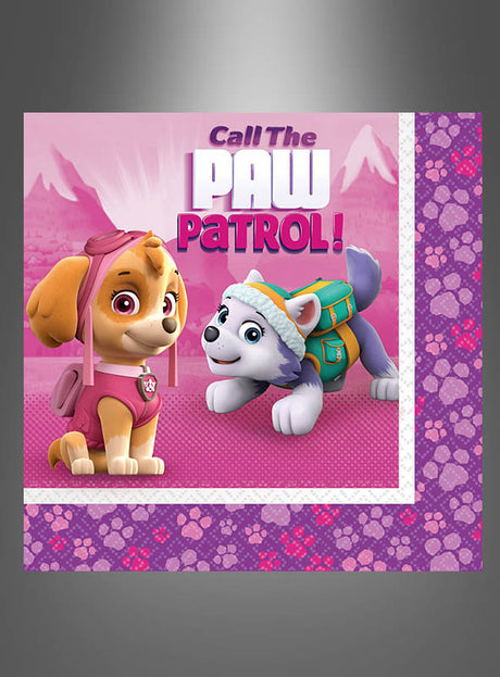 Skye und Everest aus „PAW Patrol“ sind auf einem rosa-lila Hintergrund abgebildet, über ihnen steht der Schriftzug „Call The PAW Patrol!“ – damit sind diese 20 rosa „PAW Patrol“-Servietten die perfekte Ergänzung für jede „PAW Patrol“-Party. Feiern Sie gemeinsam mit den Fans des Teams mit diesen bezaubernden Servietten!.
