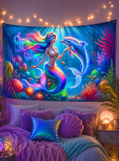 Ein gemütliches Schlafzimmer im Meeres-Stil besticht durch einen waschbaren „Meerjungfrau“-Fotohintergrund (100 x 185 cm), der eine farbenfrohe Unterwasserszene mit einer Meerjungfrau und einem Delfin zeigt und über dem Bett hängt. Das Bett ist mit Kissen in Muschelform, pastellfarbenen Decken und Lichterketten geschmückt.