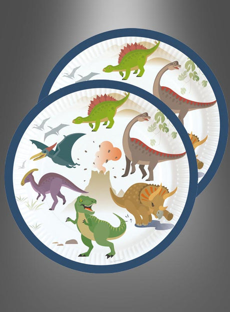Acht runde Dino-Papp-Teller (17,7 cm) mit bunten Comic-Dinosauriern, einem Vulkan und Bäumen auf weißem Hintergrund – perfekt für deine nächste Dinosaurier-Geburtstagsparty.
