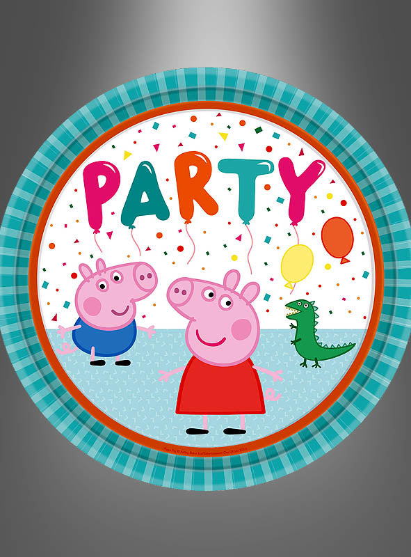 Auf diesen runden, 22,8 cm großen „Peppa Wutz Party“-Papptellern stehen Peppa Pig und George unter einem farbenfrohen „PARTY“-Schriftzug, umgeben von Luftballons, Konfetti und einem grünen Spielzeugdinosaurier. Jeder Teller ist mit einem blau karierten Rand verziert – perfekt für jeden Kindergeburtstag oder jede festliche Feier. Dieses Set enthält 8 Teller.
