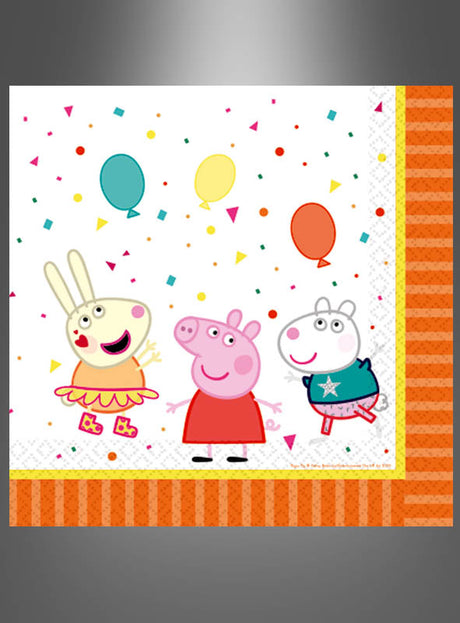 Drei fröhliche Zeichentricktiere stehen vor einem festlichen Hintergrund voller Luftballons und Konfetti und sind bereit für eine Feier im Peppa-Pig-Stil. Der orange gestreifte Rand unterstreicht die Atmosphäre eines Kindergeburtstags und macht diese 16 Peppa-Wutz-Servietten (33 cm) zur perfekten Wahl für Fans.