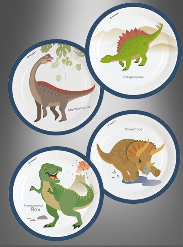 Acht Pappteller (23 cm) mit Dino-Motiven, jeweils mit Cartoon-Illustrationen und den Namen Brachiosaurus, Stegosaurus, Tyrannosaurus rex und Triceratops auf grauem Hintergrund. Perfekt als Einweggeschirr für Ihre Dinosaurier-Party!.