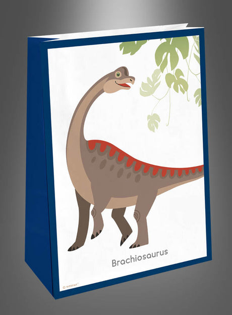 Set mit vier Dino-Papiertüten (16 x 23 cm) in Blau, jeweils mit einer Abbildung eines Brachiosaurus, über der ein Blattzweig zu sehen ist und unter der Abbildung der Schriftzug „Brachiosaurus“ steht – ideal für eine Dinosaurier-Party oder als lustige Geschenktüten für den nächsten Kindergeburtstag.