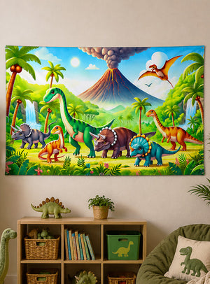 Fröhliche Cartoon-Dinosaurier schlendern durch eine farbenfrohe prähistorische Landschaft mit Palmen, rauschenden Wasserfällen und einem schwelenden Vulkan. Die „Kleinkinder Dino Fotowand 90 x 150 cm – Deko, waschbar“ bringt verspielte Energie in jeden Raum – ideal als Dekoration für Kinderpartys. Plüschdinosaurier und Bücher liegen auf Regalen unter diesem waschbaren Wandbehang.