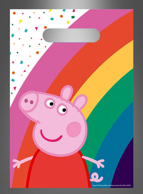 Ein Cartoon-Schwein steht vor einem Regenbogen, links oben ist Konfetti zu sehen – ein farbenfrohes und fröhliches Motiv, das sich perfekt für eine Peppa-Wutz-Party eignet oder als hübsche 8 x Peppa-Pig-Partytüten mit Regenbogen für Geschenktüten zum Kindergeburtstag.