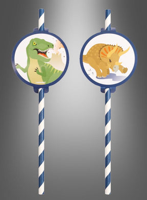 Acht Dino-Party-Strohhalme: blau-weiß gestreifte Papierstrohhalme mit runden Dinosauriermotiven – links ein grüner T. rex und rechts ein orangefarbener Triceratops – perfekt als lustige Dino-Strohhalme für Kinder oder jede Dinosaurier-Party.