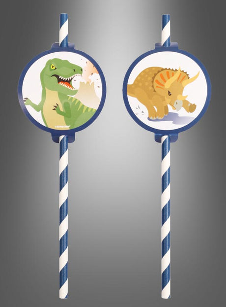 Acht Dino-Party-Strohhalme: blau-weiß gestreifte Papierstrohhalme mit runden Dinosauriermotiven – links ein grüner T. rex und rechts ein orangefarbener Triceratops – perfekt als lustige Dino-Strohhalme für Kinder oder jede Dinosaurier-Party.
