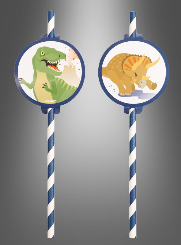 Acht Dino-Party-Strohhalme: blau-weiß gestreifte Papierstrohhalme mit runden Dinosauriermotiven – links ein grüner T. rex und rechts ein orangefarbener Triceratops – perfekt als lustige Dino-Strohhalme für Kinder oder jede Dinosaurier-Party.
