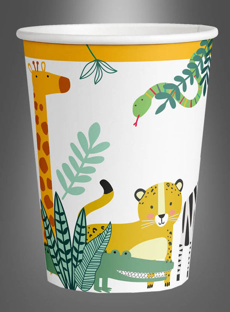 8 x Pappbecher mit Dschungeltieren: Fröhliche Pappbecher mit lustigen Cartoon-Motiven von Giraffe, Schlange, Leopard, Krokodil, Zebra und Dschungelpflanzen auf grauem Hintergrund – perfekt für eine Dschungelparty oder einen Safari-Kindergeburtstag. Diese Becher sorgen bei jeder Kinderfeier für Spaß und Abenteuer.