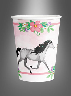 8 Pappbecher mit Pferdemotiv als Tischdekoration, 250 ml – mit grauem Pferdemotiv auf rosa Hintergrund und floralen Verzierungen, ideal für eine Kindergeburtstagsfeier oder als stilvolle Dekoration für eine Pferde-Mottoparty.