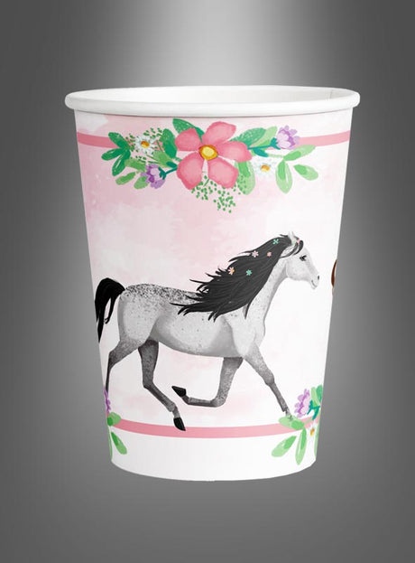 8 Pappbecher mit Pferdemotiv als Tischdekoration, 250 ml – mit grauem Pferdemotiv auf rosa Hintergrund und floralen Verzierungen, ideal für eine Kindergeburtstagsfeier oder als stilvolle Dekoration für eine Pferde-Mottoparty.