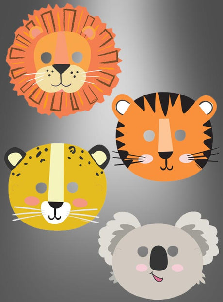 Acht illustrierte Dschungeltiergesichter – ein Löwe, ein Tiger, ein Gepard und ein Koala – sind auf einem grauen Hintergrund mit Farbverlauf quadratisch angeordnet. Diese 8 x Tiermasken „Dschungel-Tiere“ eignen sich perfekt als Safari-Partymasken für Kinder für eine Kindergeburtstagsfeier im Zoo-Stil.