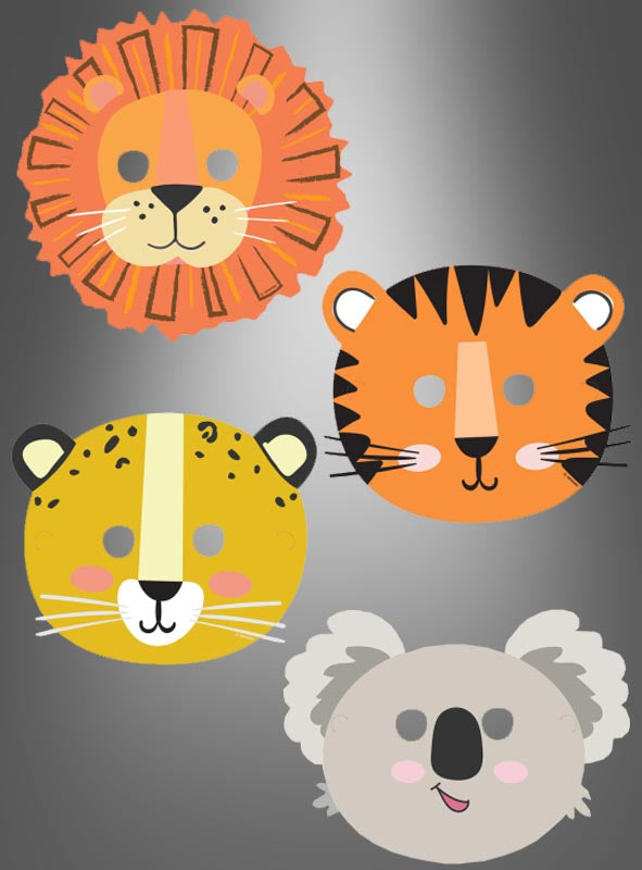 Acht illustrierte Dschungeltiergesichter – ein Löwe, ein Tiger, ein Gepard und ein Koala – sind auf einem grauen Hintergrund mit Farbverlauf quadratisch angeordnet. Diese 8 x Tiermasken „Dschungel-Tiere“ eignen sich perfekt als Safari-Partymasken für Kinder für eine Kindergeburtstagsfeier im Zoo-Stil.