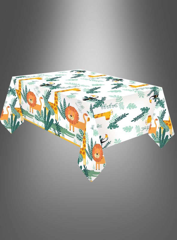 Rechteckige Tischdecke „Dschungeltiere“, 120 x 180 cm, mit einem farbenfrohen Motiv aus Löwen und Blattwerk auf grauem Hintergrund mit Farbverlauf – ideal, um Ihre Kindergeburtstagsdekoration aufzupeppen oder Ihrer Partyausstattung zum Thema „Dschungeltiere“ einen stilvollen Akzent zu verleihen.