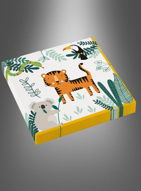 Eine Packung mit 16 Servietten „Dschungeltiere“, verziert mit bezaubernden Motiven eines Tigers, eines Tukans, einer Schlange und eines Koalas inmitten grüner Blätter auf weißem Hintergrund mit gelben Rändern – ideal als Tischdekoration zum Thema „Dschungeltiere“ für jeden Kindergeburtstag.