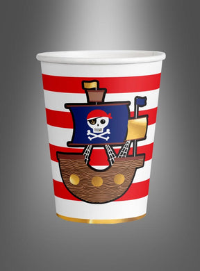 Sticht in See zum Spaß mit der Pappbecher-Piratenparty (8 Stück)! Diese weißen Pappbecher sind mit kräftigen roten Querstreifen und einem verspielten Cartoon-Piratenschiff verziert, das mit einem Totenkopf und gekreuzten Knochen geschmückt ist, sowie mit goldenen Akzenten an der Seite. Dieser fröhliche Einweg-Pappbecher eignet sich perfekt für jede Piraten-Kindergeburtstagsfeier oder Piratenparty.