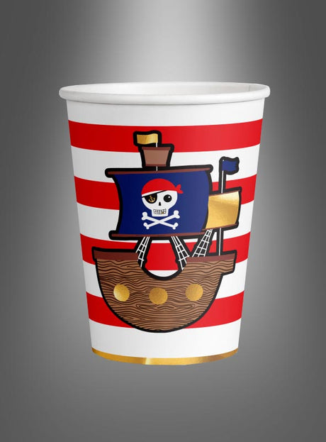 Sticht in See zum Spaß mit der Pappbecher-Piratenparty (8 Stück)! Diese weißen Pappbecher sind mit kräftigen roten Querstreifen und einem verspielten Cartoon-Piratenschiff verziert, das mit einem Totenkopf und gekreuzten Knochen geschmückt ist, sowie mit goldenen Akzenten an der Seite. Dieser fröhliche Einweg-Pappbecher eignet sich perfekt für jede Piraten-Kindergeburtstagsfeier oder Piratenparty.