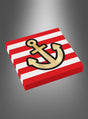 Ein Stapel „Gestreifte Servietten Piratenparty“ im Format 33 x 33 cm mit kräftigen roten und weißen Streifen und einem auffälligen goldenen Anker in der Mitte – ideal für einen Kindergeburtstag oder zur Aufwertung Ihrer Piratendekoration –, dargestellt vor einem grauen Hintergrund mit Farbverlauf.