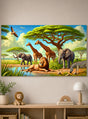 Verleihen Sie Ihrem Raum eine ganz neue Atmosphäre mit dem „Safari-Tiere-Wandbild 90 x 150 cm – waschbare Dekoration“ – einem farbenfrohen Wandbild, das einen Löwen, Elefanten, Giraffen, ein Zebra und einen Vogel an einer Wasserstelle in der afrikanischen Savanne vor dem Hintergrund von Bäumen und blauem Himmel zeigt. Perfekt als Fotowand, um den Geist des Abenteuers in Ihr Zuhause zu bringen!.