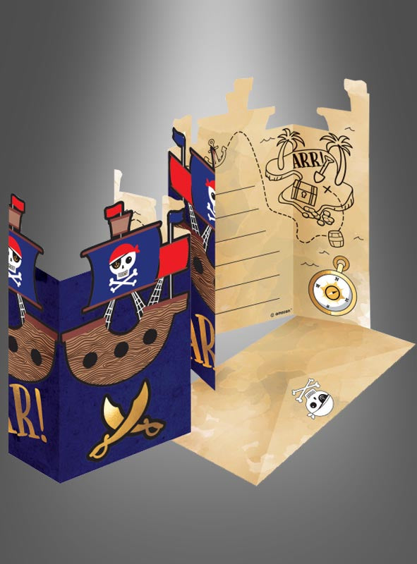 Ein Set mit 8 Einladungskarten zur Piratenparty inklusive Umschlägen enthält eine Pop-up-Karte im Piratenstil, verziert mit einem Piratenschiff, einem Totenkopf, einer Karte, einem Kompass und einem Schwert auf hellbraunem und marineblauem Hintergrund – ideal als Einladung zum Kindergeburtstag oder als besondere Piraten-Schatzkarte für den Kindergeburtstag. Dieses einzigartige Design ist perfekt für die Feier Ihres kleinen Abenteurers!.