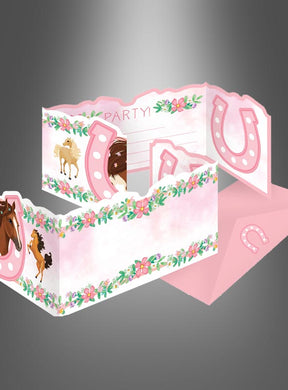 Einladungskarten mit Pferdemotiv in einem rosa-weißen Blumenmuster mit Pferd und Hufeisen bieten ausreichend Platz für Informationen zur Party. Perfekt für deine nächste Pferdeparty – erhältlich im 8er-Pack.