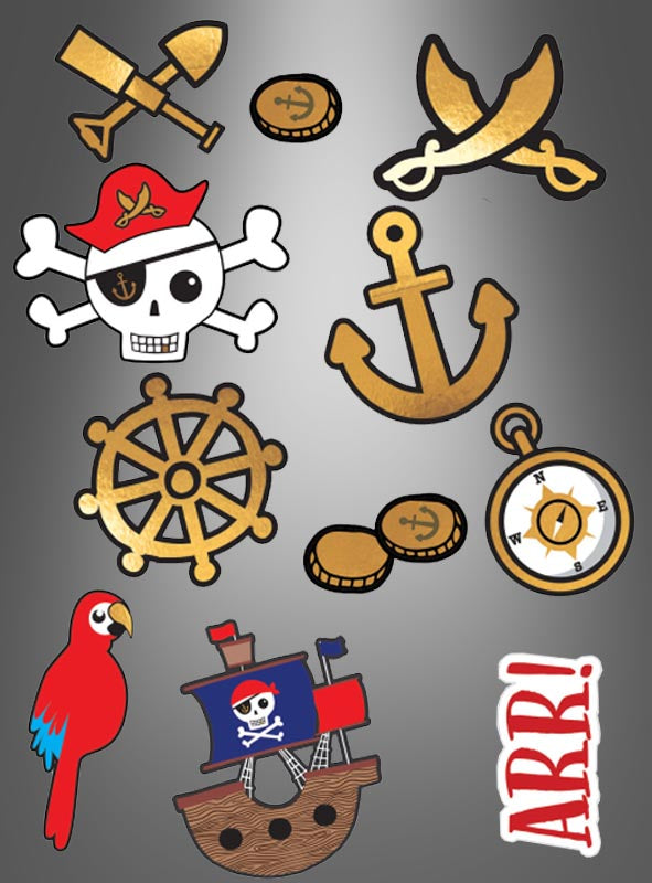 Tattoos Piratenparty 11 Stück – ein Set mit farbenfrohen Abziehbildern zum Thema Piraten für Kinder, darunter Motive wie Totenkopf, Schatzmünzen, Anker, Kompass, Papagei, Schiff, gekreuzte Schwerter, Piratenhut und das Wort „ARR!“ auf einem grauen Hintergrund mit Farbverlauf – das perfekte Piratenparty-Zubehör für jede abenteuerlustige Crew.