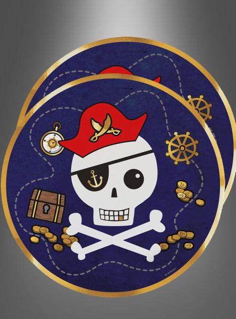 Die acht runden Pappteller „Piratenparty“ (23 cm) sind mit einem Comic-Piraten-Totenkopf mit Augenklappe, einem roten Hut, Münzen, einer Schatzkiste und maritimen Symbolen auf marineblauem Hintergrund verziert – perfekt als Piraten-Tischdekoration für jede abenteuerliche Kindergeburtstagsfeier.