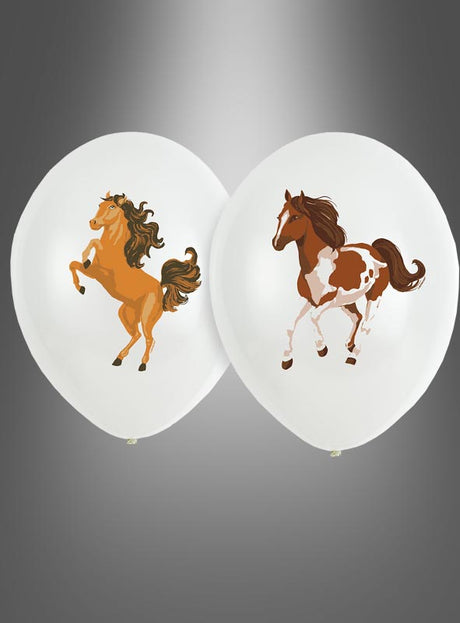 Zweier-Set weißer Luftballons mit Pferdemotiv, ca. 27 cm, jeweils mit bezaubernden Pferdeillustrationen – einer mit einem sich aufbäumenden Pferd und der andere mit einem stehenden braun-weißen Pferd – vor einem sanften grauen Farbverlaufshintergrund. Diese Latexballons eignen sich ideal als Dekoration für eine Pferdeparty und setzen bei jeder Feier zum Thema Pferde einen bezaubernden Akzent.