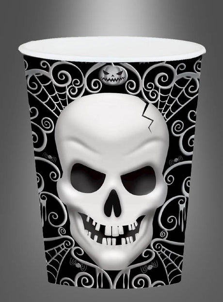 8er-Set „Totenkopf“-Pappbecher Halloween, 260 ml – schwarze Pappbecher mit weißen Totenkopf-Motiven, Spinnweben und Wirbelmustern, ideal als gruselige Totenkopf-Partydekoration für Ihre nächste Halloween-Feier.