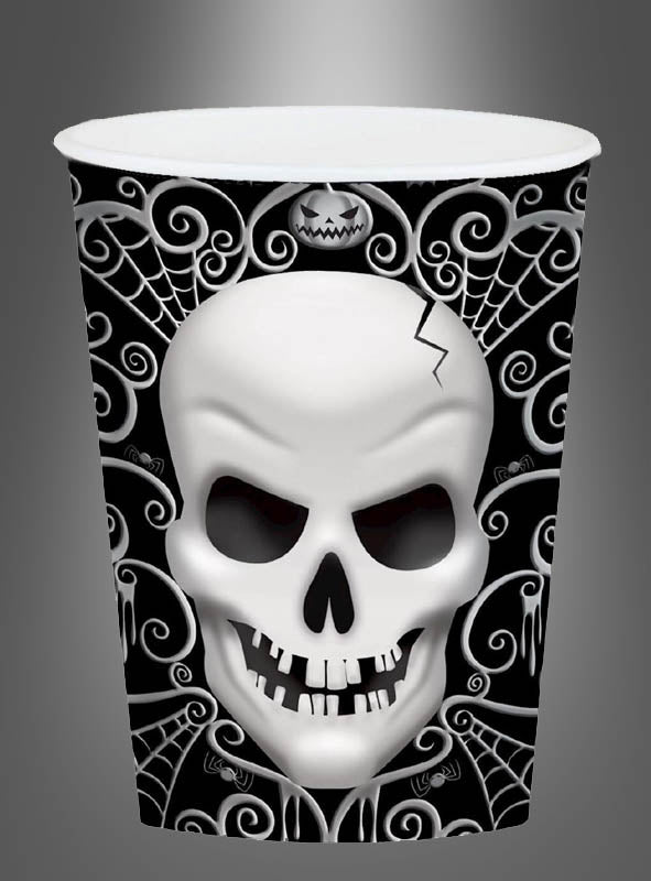 8er-Set „Totenkopf“-Pappbecher Halloween, 260 ml – schwarze Pappbecher mit weißen Totenkopf-Motiven, Spinnweben und Wirbelmustern, ideal als gruselige Totenkopf-Partydekoration für Ihre nächste Halloween-Feier.