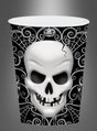 8er-Set „Totenkopf“-Pappbecher Halloween, 260 ml – schwarze Pappbecher mit weißen Totenkopf-Motiven, Spinnweben und Wirbelmustern, ideal als gruselige Totenkopf-Partydekoration für Ihre nächste Halloween-Feier.