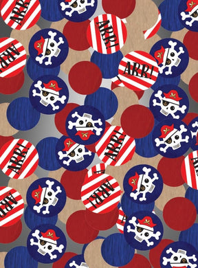Muster aus roten, blauen und gestreiften Kreisen mit Piratenschädeln, gekreuzten Knochen und dem Schriftzug „ARR!“ auf braunem Hintergrund – ideal als Tischkonfetti für eine Piratenparty, für einen lustigen Piraten-Kindergeburtstag oder als originelle Piratendekoration.