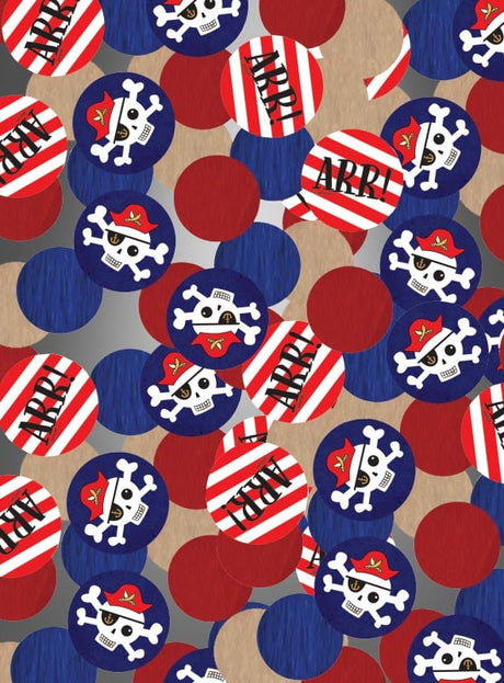 Muster aus roten, blauen und gestreiften Kreisen mit Piratenschädeln, gekreuzten Knochen und dem Schriftzug „ARR!“ auf braunem Hintergrund – ideal als Tischkonfetti für eine Piratenparty, für einen lustigen Piraten-Kindergeburtstag oder als originelle Piratendekoration.