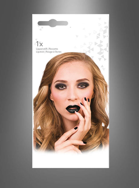 Eine Frau mit welligem blondem Haar trägt auffälligen schwarzen Lippenstift und dazu passenden schwarzen Nagellack und posiert mit den Fingern vor dem Mund in einem markanten Kostüm im gotischen Vampir-Stil. Auf der Verpackung steht: Lipstick | Rosetto | Rouge à lèvres.