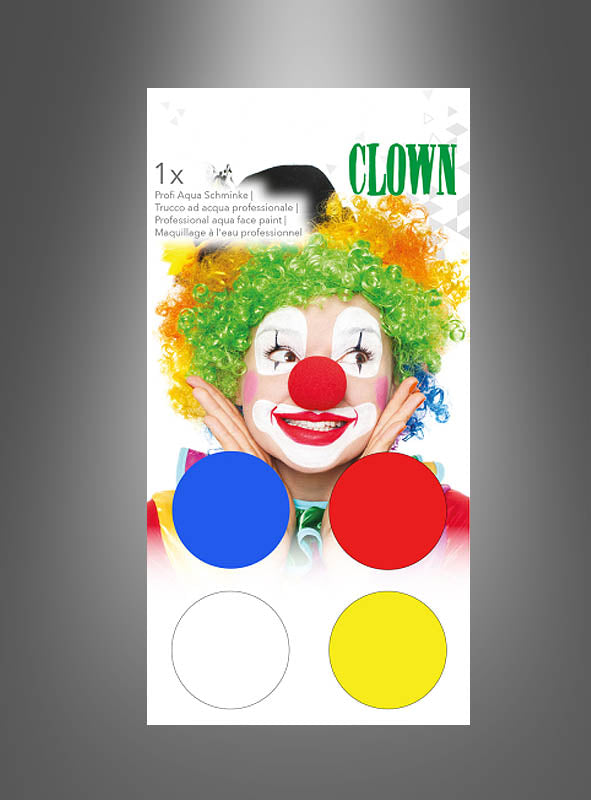 Eine Verpackung für das „Clown Aqua Make-up-Set“ zeigt einen lächelnden Clown und vier leuchtende Farben: Blau, Rot, Weiß und Gelb.